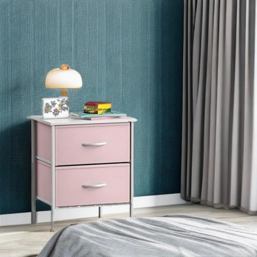 منضدة مع درجين - حامل ليلي لطاولة نهاية أثاث بجانب السرير للأطفال - إطار فولاذي، سطح خشبي وقماش سهل السحب