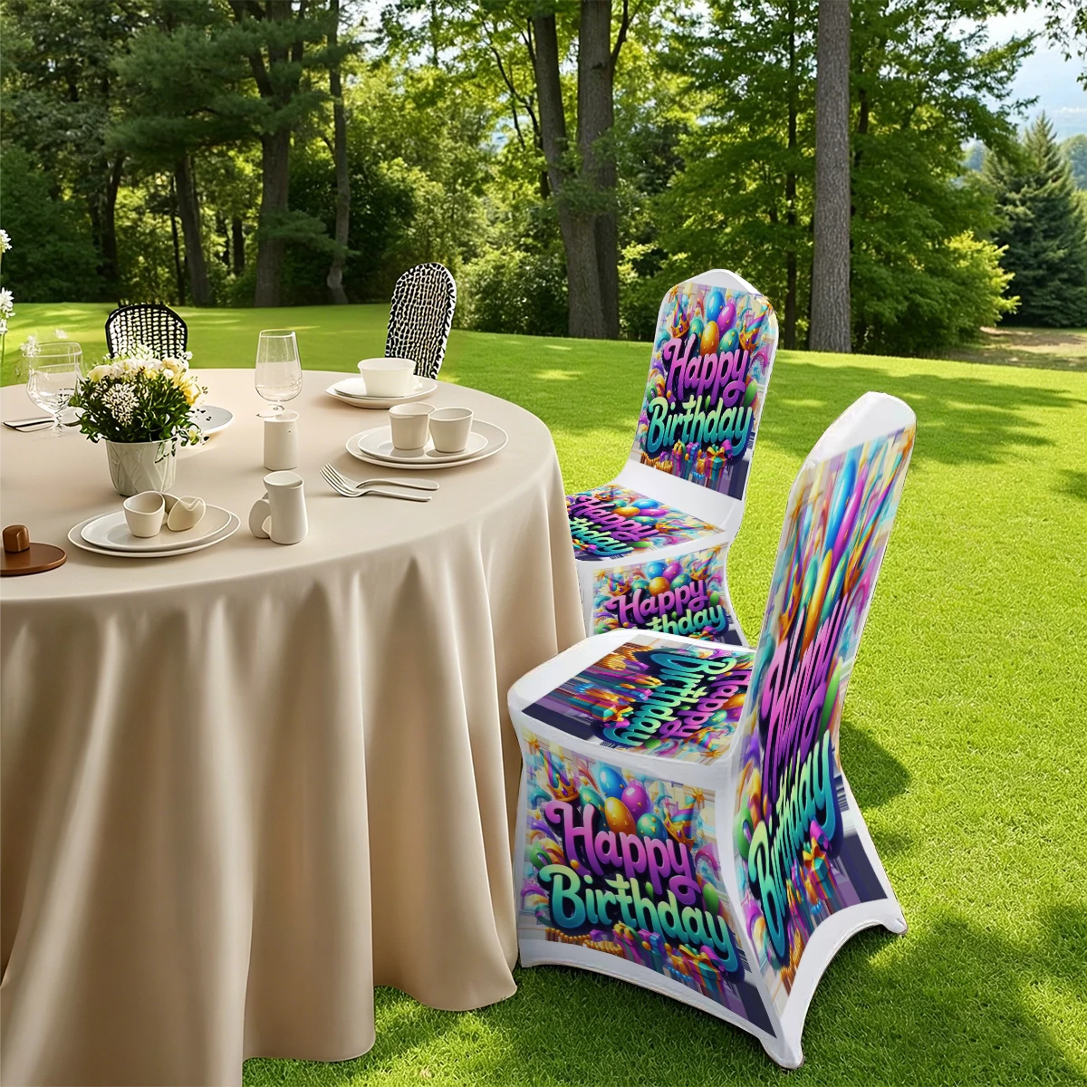 2D Happy Birthday Printed Stretchable Full - Coverage Chair Cover, Universal Size for Hotel, Home & Outdoor