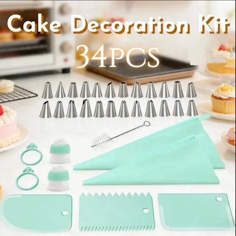 34-piece Stainless Steel Cake Piping Tips Set Cake Cream Decoration Tools Cream Scraper Set Kitchen Baking Utensils