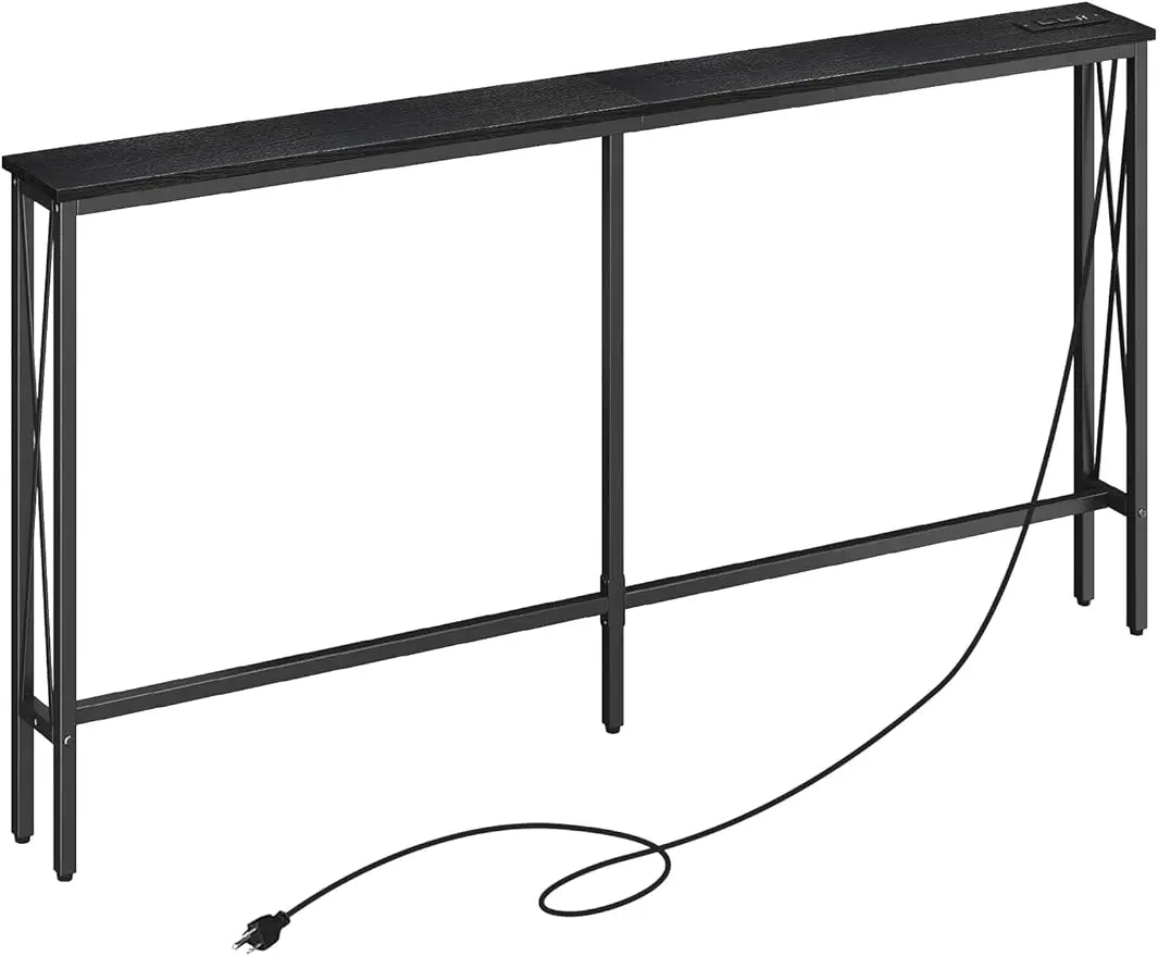 

5.9" Narrow Console Sofa Table with Power Outlets 5.9" Dx63 Wx31.5 H Long Skinny Behind Couch Table with “X” Cross Metal