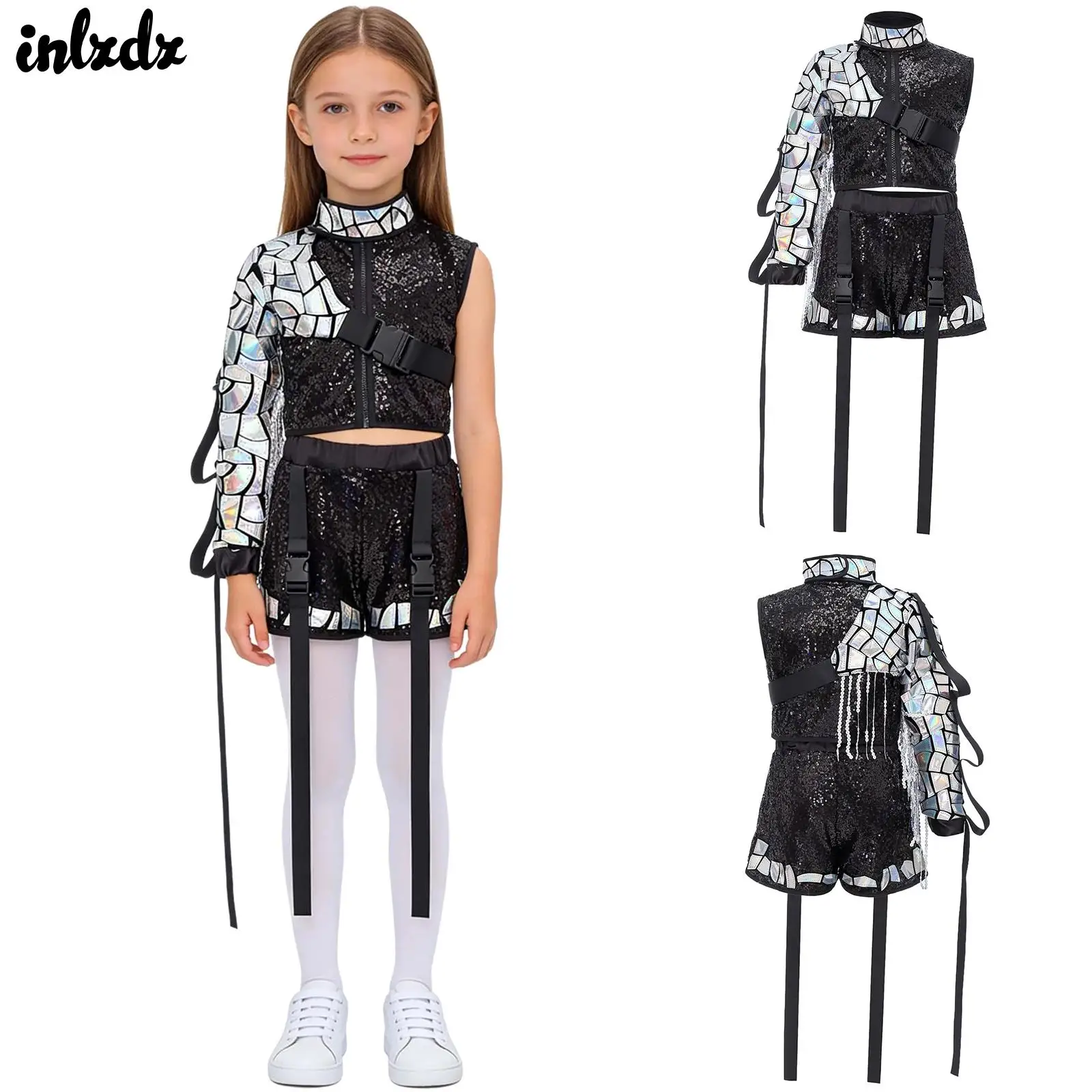 

Детский костюм для джазовых танцев с блестящими пайетками для девочек, танцевальный костюм для подиума, короткий топ и шорты на молнии с блестками и рукавами с кисточками