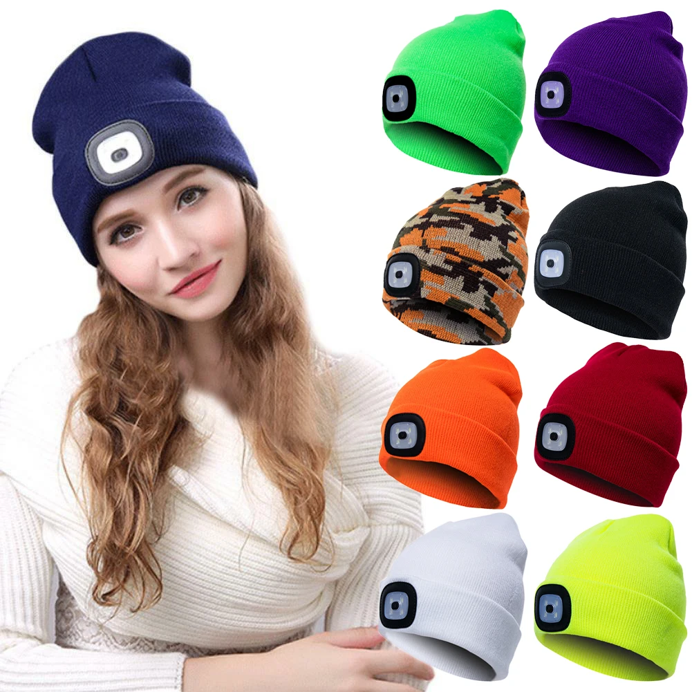 SANWOOD Unisex Outdoor Cycling Hiking LED Light Knitted Hat Winter Elastic Beanie Cap hat with lighting Xmas Gift For Friend