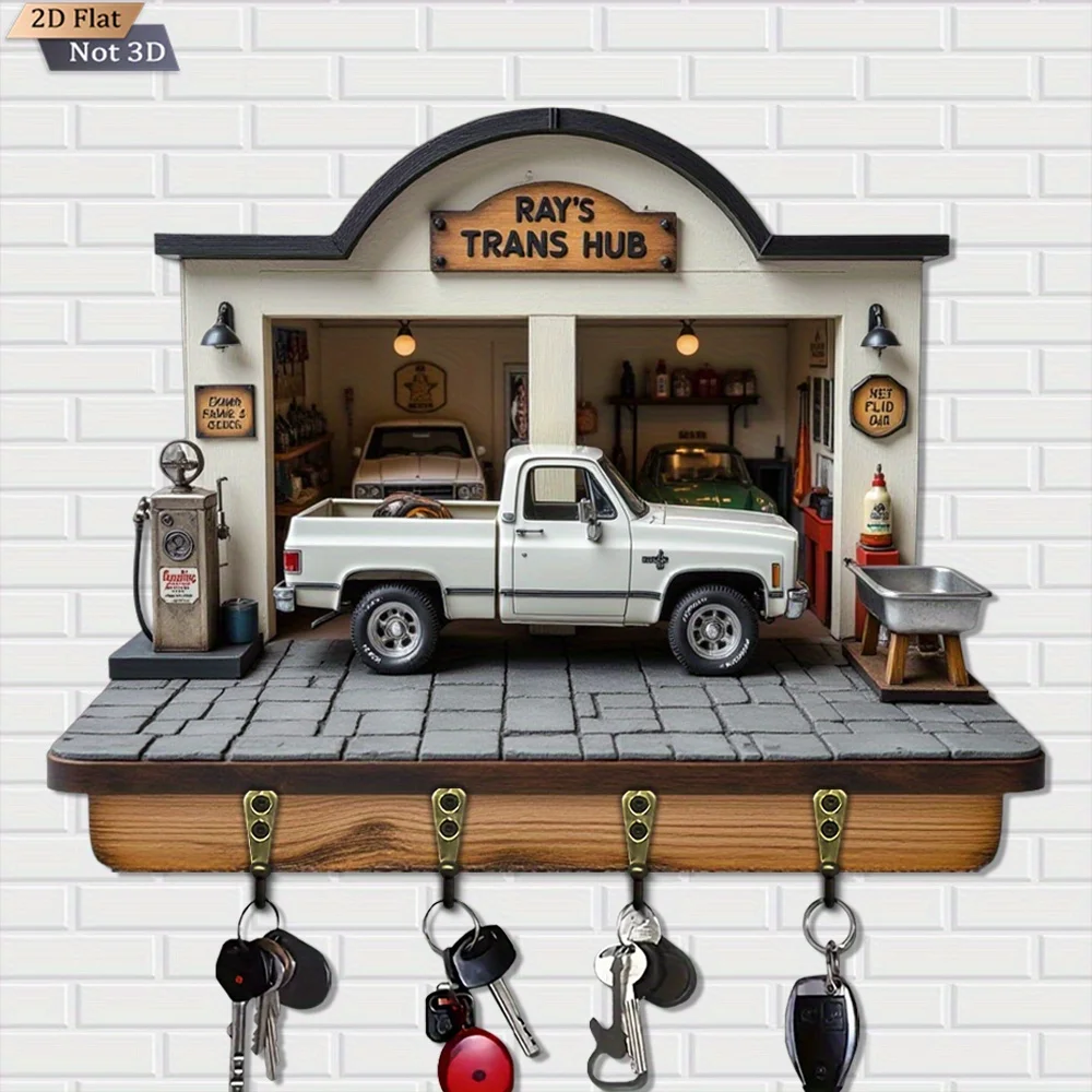 2D Flat, 1pc,  garage  key hook wooden multifunctional home key rack, with four metal hooks, wall decor, porch decor, room