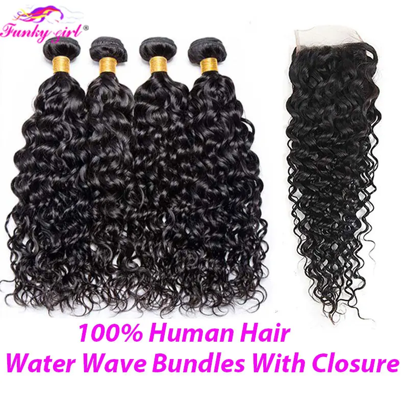 Water Wave Bundles With Closure Brazilian Remy Human Hair Bundles With 4x4 Lace Frontal Closure Curly Wave Human Hair Extensions