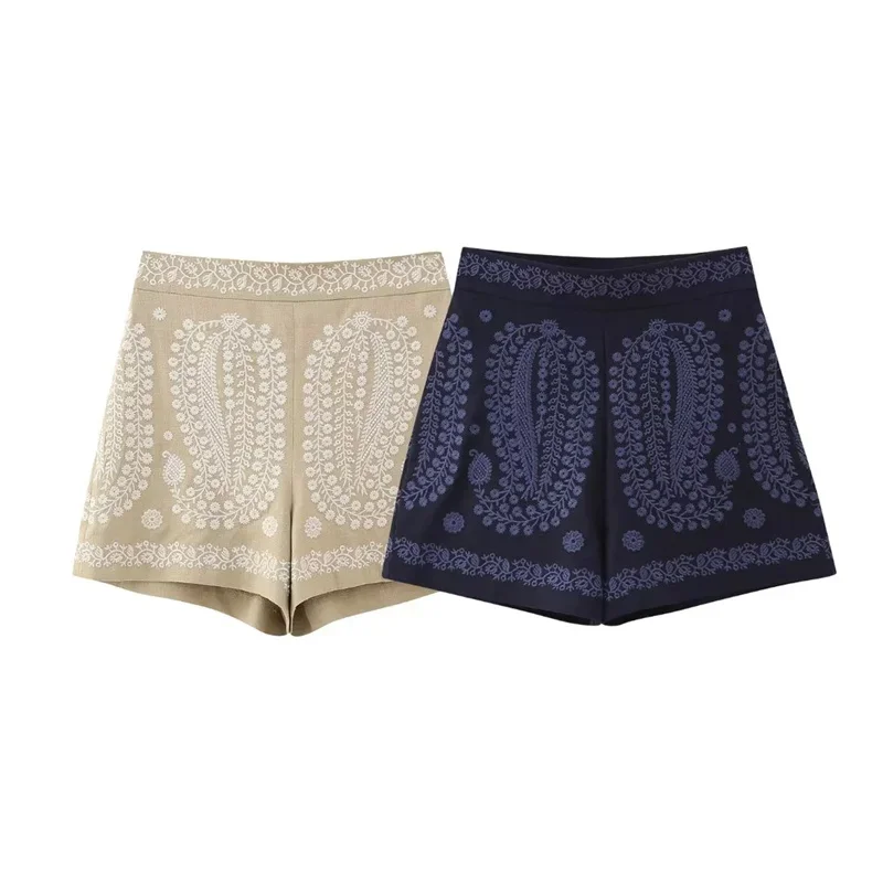 

Embroidery Short Women Shorts Embroidery Short Female Shorts Boho Zip High-Waisted Linen Straight Shorts Cortos