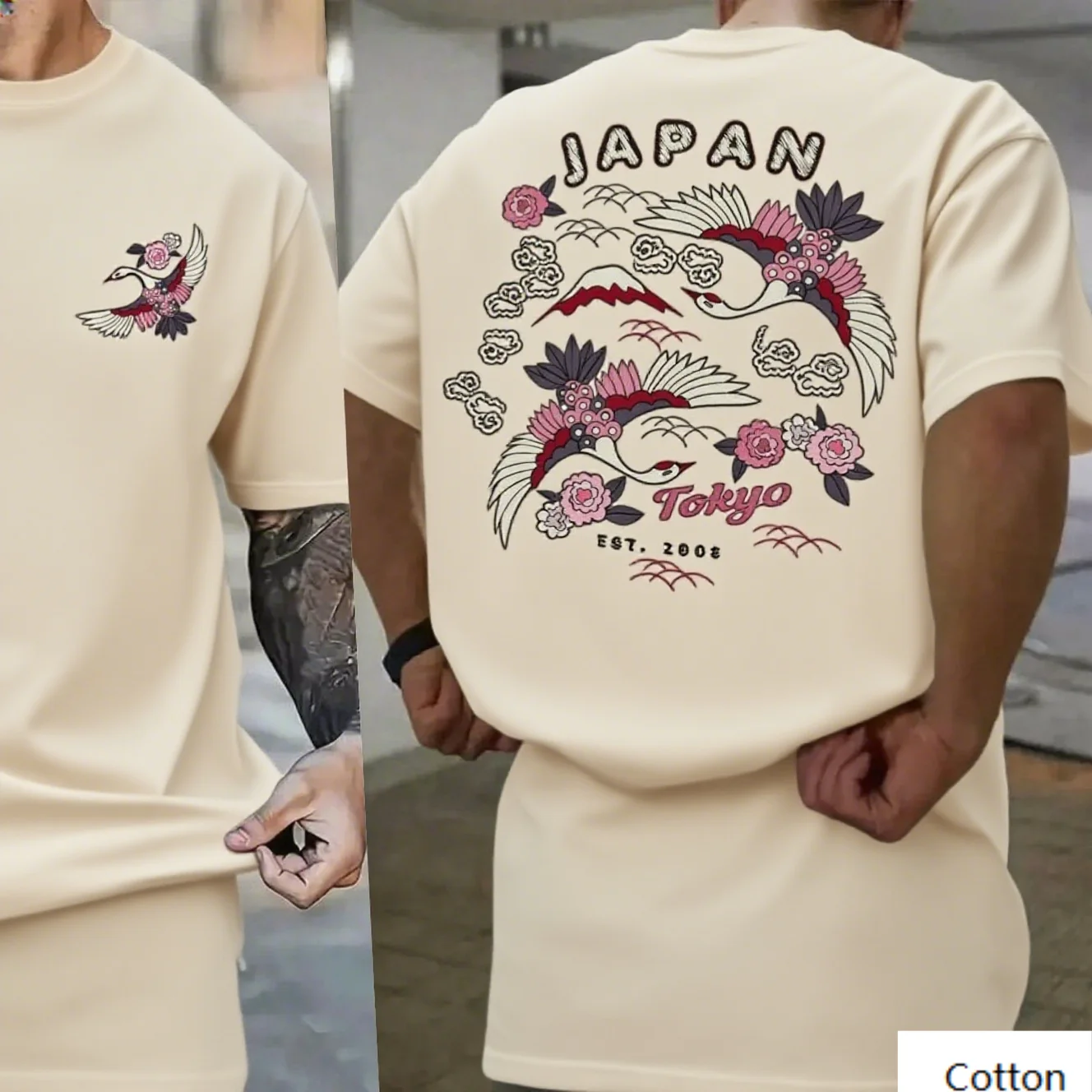 

Printed Cotton Jersey with Japanese Crane and Fuji Motif Trendy Printed Brand Pure Cotton T-shirt Short Sleeve Unisex Tee S-4XL