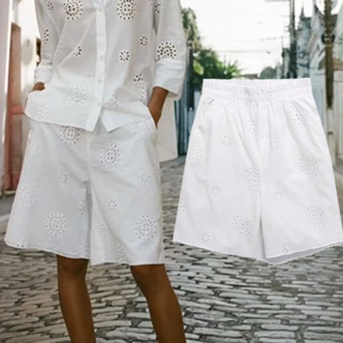 

Dave&Di Fashion White Color Vintage Hollow Ladies Harem Embroidered Shorts Cotton Loose Bermuda Women