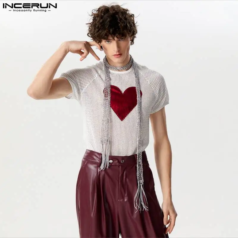 INCERUN Tops 2024 American Style Fashion New Men Hollow Heart Pattern Splicing Camiseta Personality Short Sleeved T-shirts S-5XL