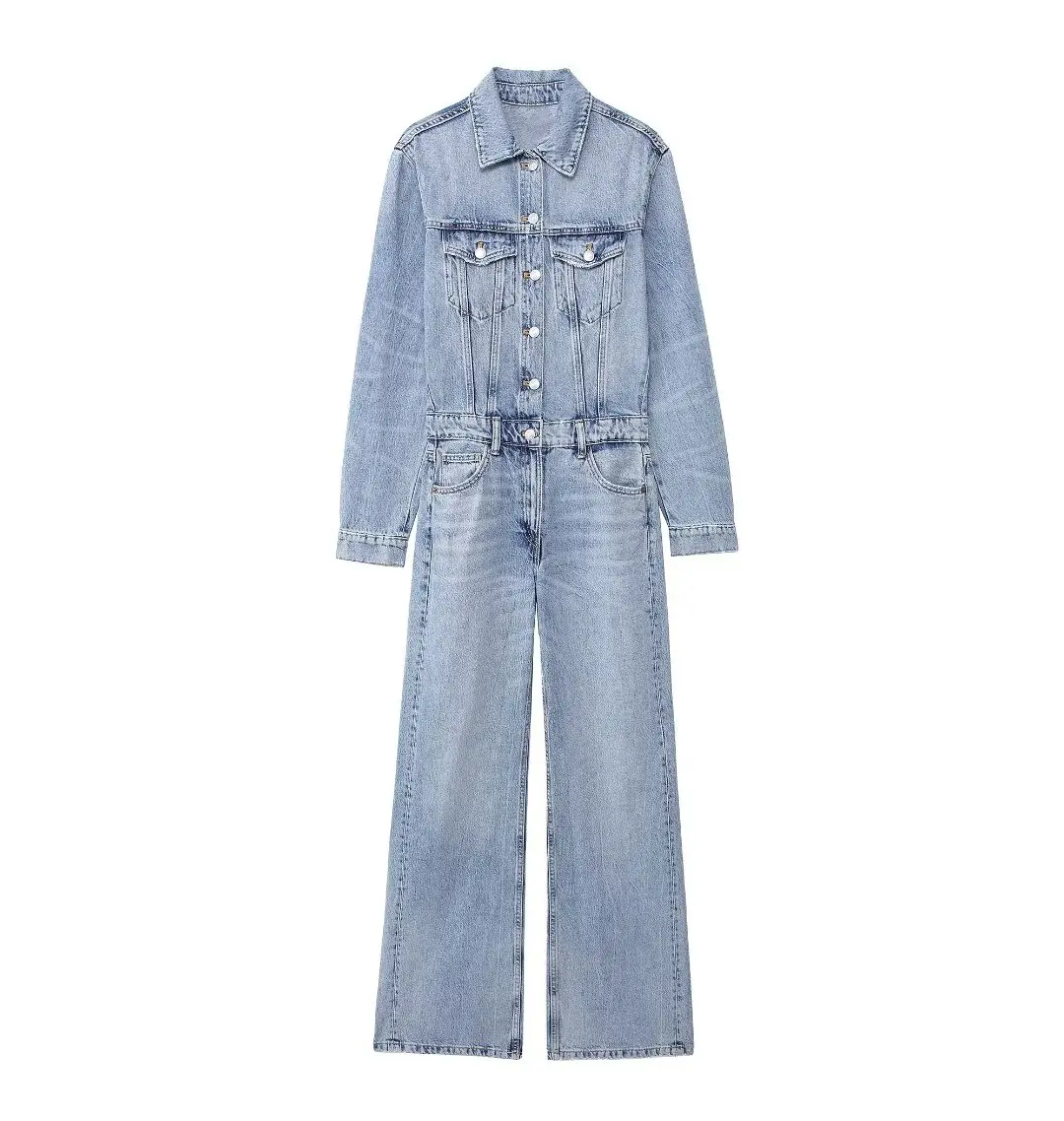 American Style Fashionable Simple Denim Jumpsuit Autumn Women Long Sleeve Single-breasted Straight Overall Female Streetwear