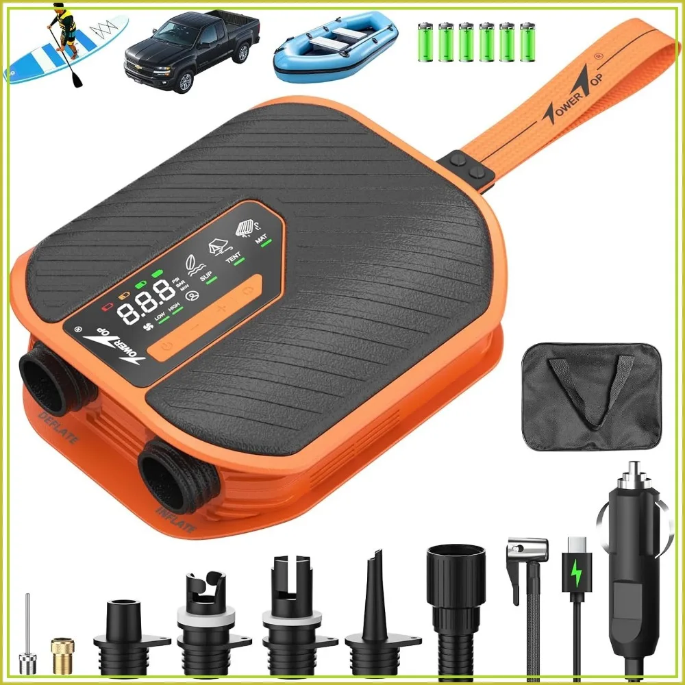 Electric Paddle Board Pump: 10500mAh Rechargeable, 50PSI, Dual Stage Inflation & Deflation with 8 Nozzles