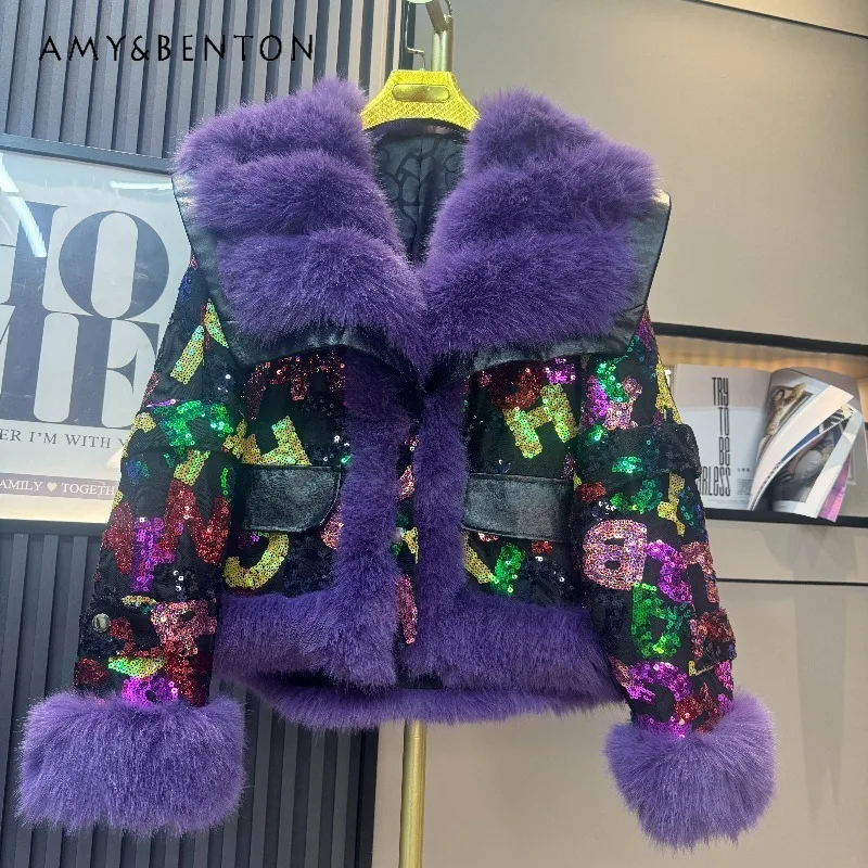 

2025 Autumn Winter New Fashion Heavy Fur Sequin Patchwork Stylish Thickened Coat Winterproof Faux Fur Jacket Outerwear Ladies