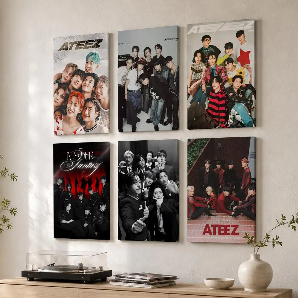 Korea Kpop Band A-ATEEZ Framed Wall Painting Wood Canvas Poster For Living Room Bedroom Hallway Office Home Decor Gift