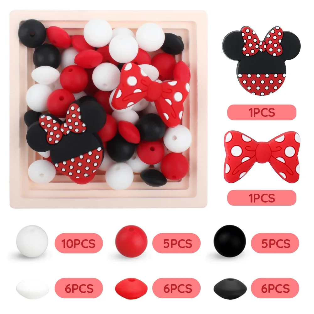 40pcs/set Silicone Beads Bowknot Mouse Hexagonal Shape Beads for DIY Clips Chain Necklace Accessories Pen Decorate Toys