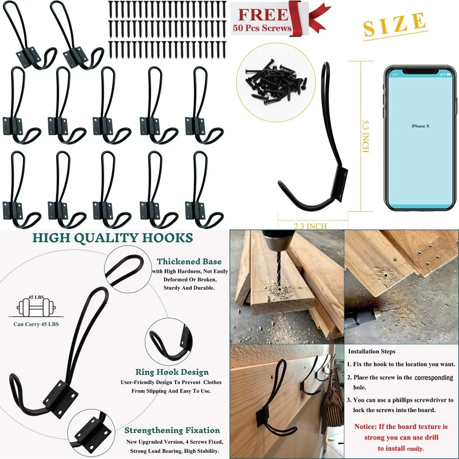 

Rustic Entryway Hooks 12 Pack Farmhouse Style Wall Mounted Decorative Metal Coat Hooks with Included Screws Black Vintage Doubl