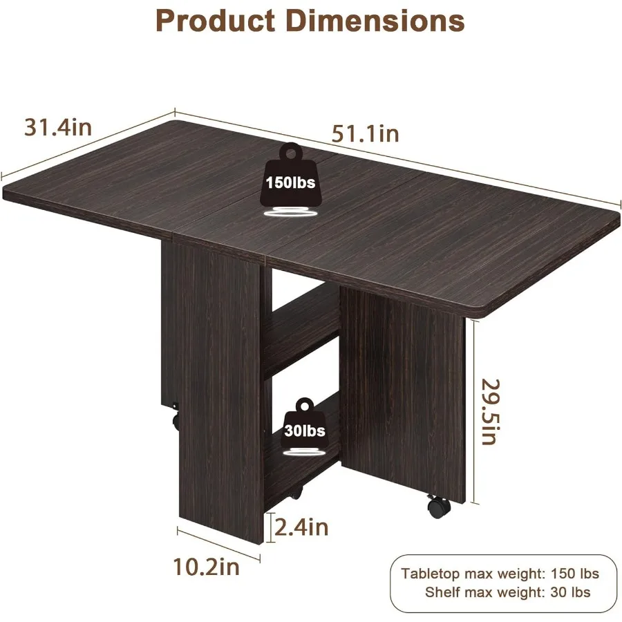 طاولة طعام قابلة للطي من IDEALHOUSE مع 6 عجلات ورف تخزين مكون من طبقتين وطاولة طعام لتوفير المساحة لـ Sma