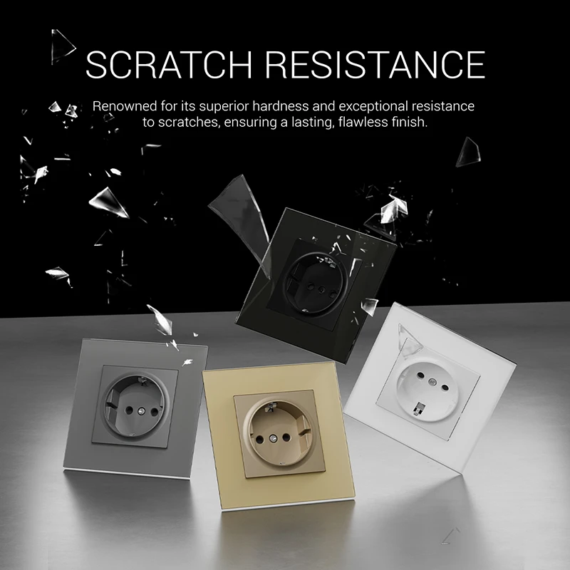 CE Certified EU Standard Wall Switch Electrical Outlets Grey Color Glossy Tempered Glass Frame