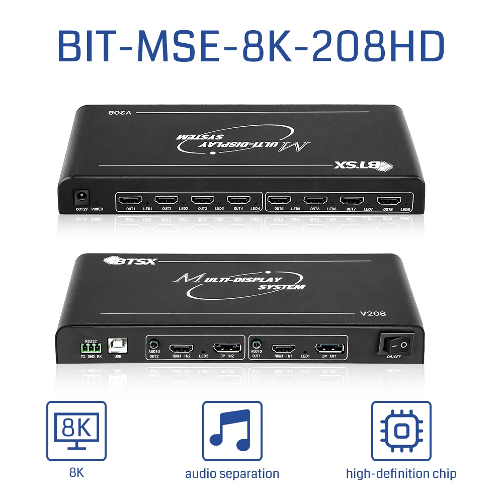 2-in-8-out Ultra HD Splicer BIT-MSE-8K-208HD, 1x1-1x8/2x1-2x4 Splicing, 7680x2400 Input & Customizable Resolution