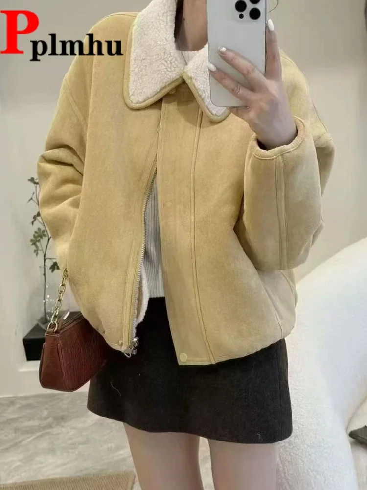 

Korean Fashion Fur Trun-Down Collar Jackets Women's Casual Short Baggy Zippers Chaquetas Loose Long Sleeved Tops Jaquetas