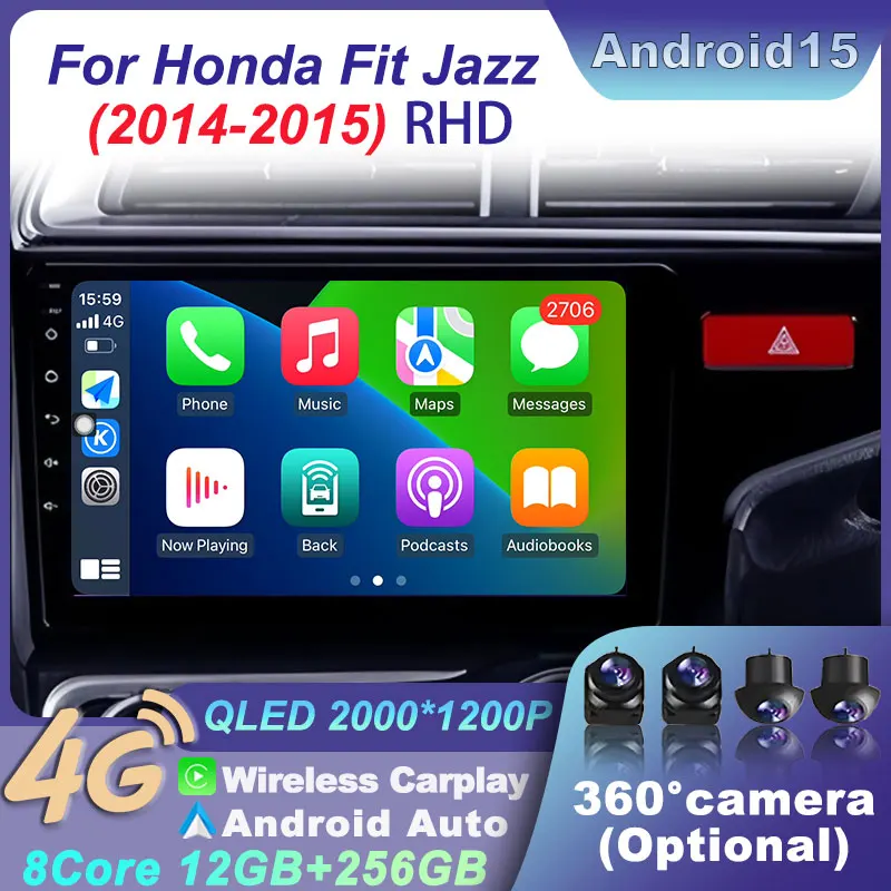 DSP Stereo Multimedia Player Navigation GPS WiFi Car Radio BT Android 15 for HONDA FIT JAZZ 2014-2015 RHD System Carplay 4G Auto