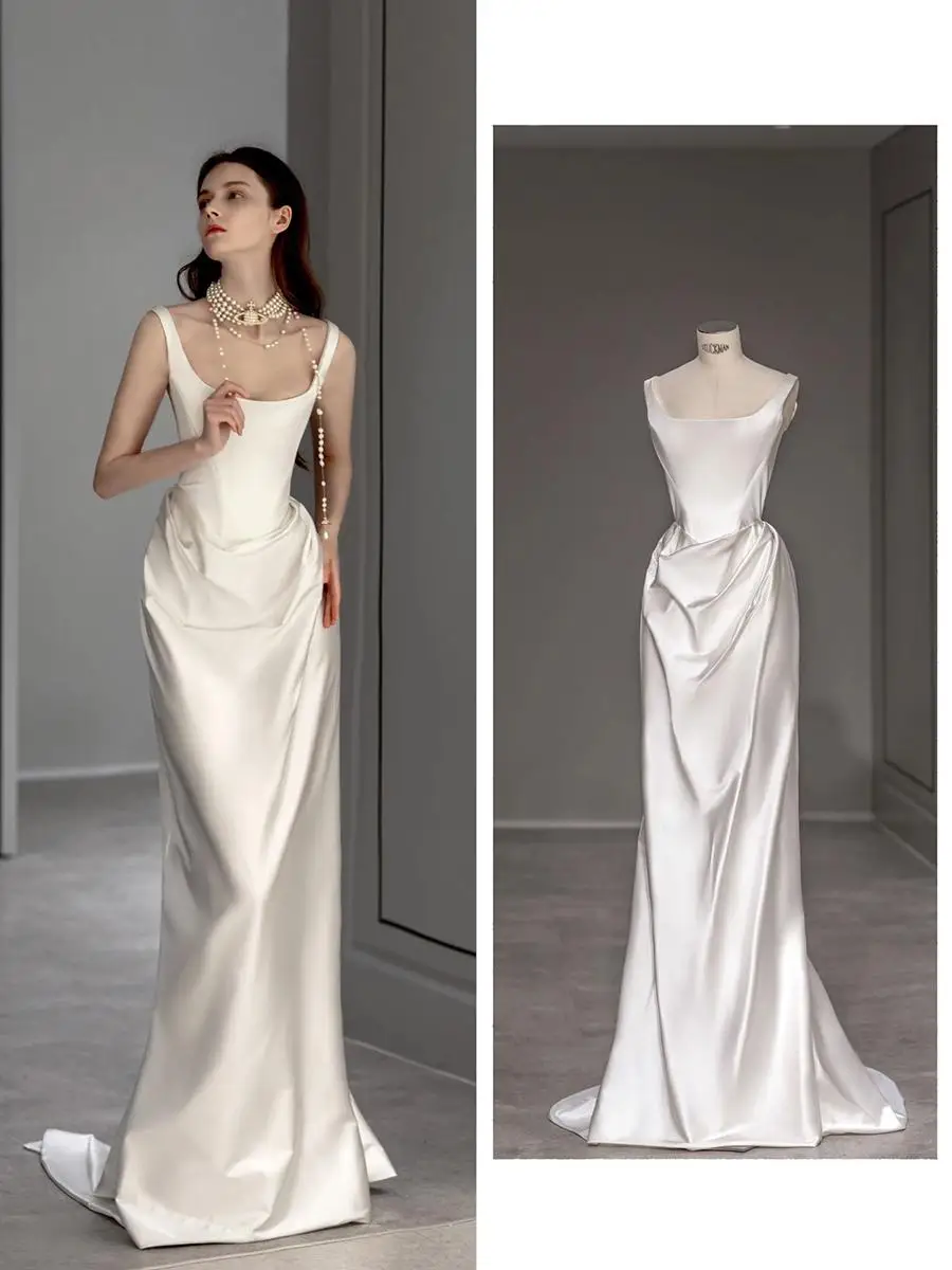 2023 New Simple Stain Evening Dress Boat Neck Floor-length Spaghetti Strap Mermaid Bridal Gown Custome Made Vestido De Novia