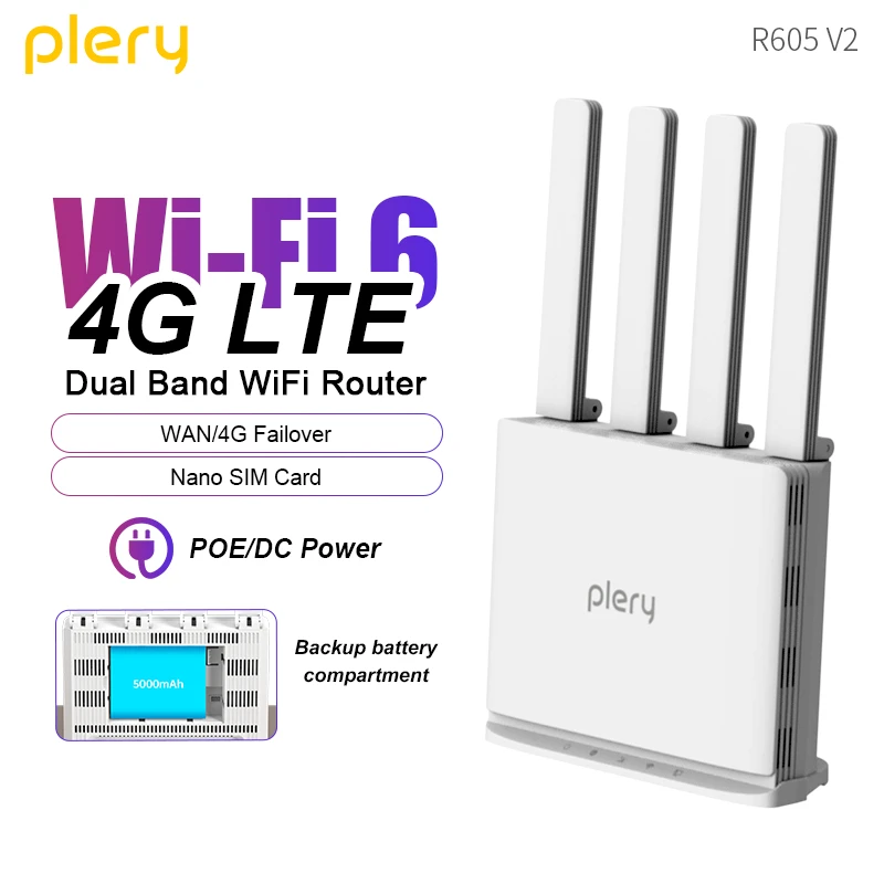

Plery 4G WiFi Router Mobile Modem LTE WiFi6 2.4Ghz Dual Band 3000Mbps Gigabit WiFi 2 LAN Wireless WiFi Router Support SIM Card