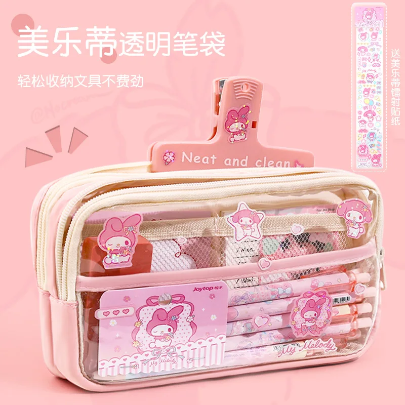 Sanrio Cartoon Cinnamon Pen Bag for Kids Kawaii Melody Transparent Large Capacity Pencil Bag Girls Cute Kulomi Makeup Bag Gift