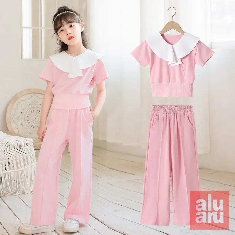 

2023 Summer New Girls' Suit CuHK Children Korean Version Thin Short Sleeve Trousers Network Red Loose Casual Two-piece Set