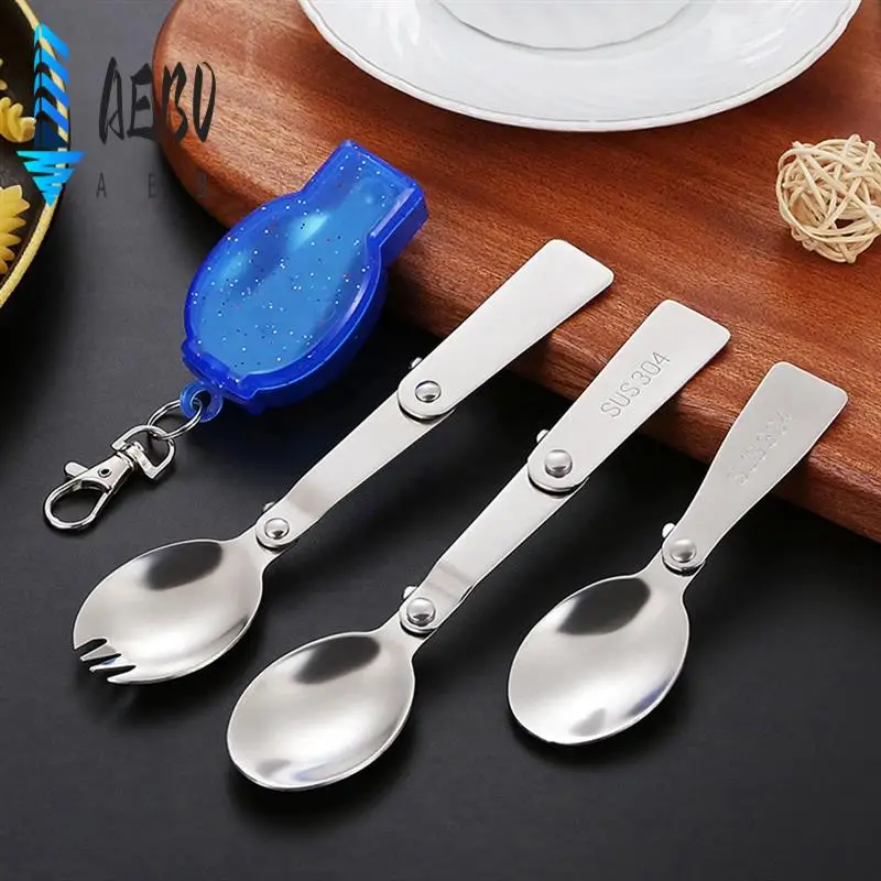 AEB0-ملعقة قابلة للطي من الفولاذ المقاوم للصدأ أدوات مائدة للسفر في الهواء الطلق ملعقة دوارة قابلة للطي شوكة ملعقة صغيرة صغيرة #1