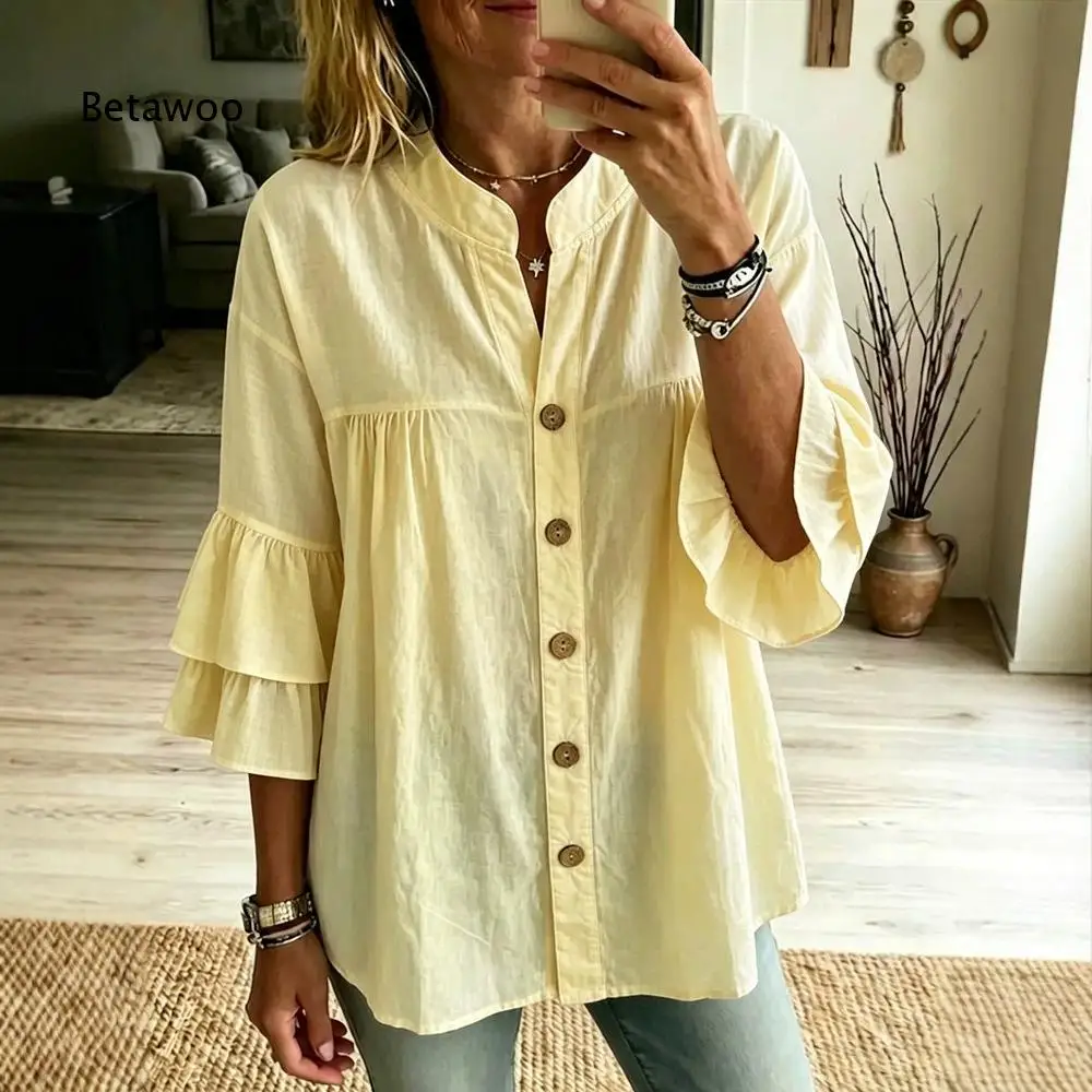 Women Solid Color Soft Cotton Tunic Blouse Loose Fit Button Down Mid Length Shirt For Summer Vacation Shopping Dating Office An