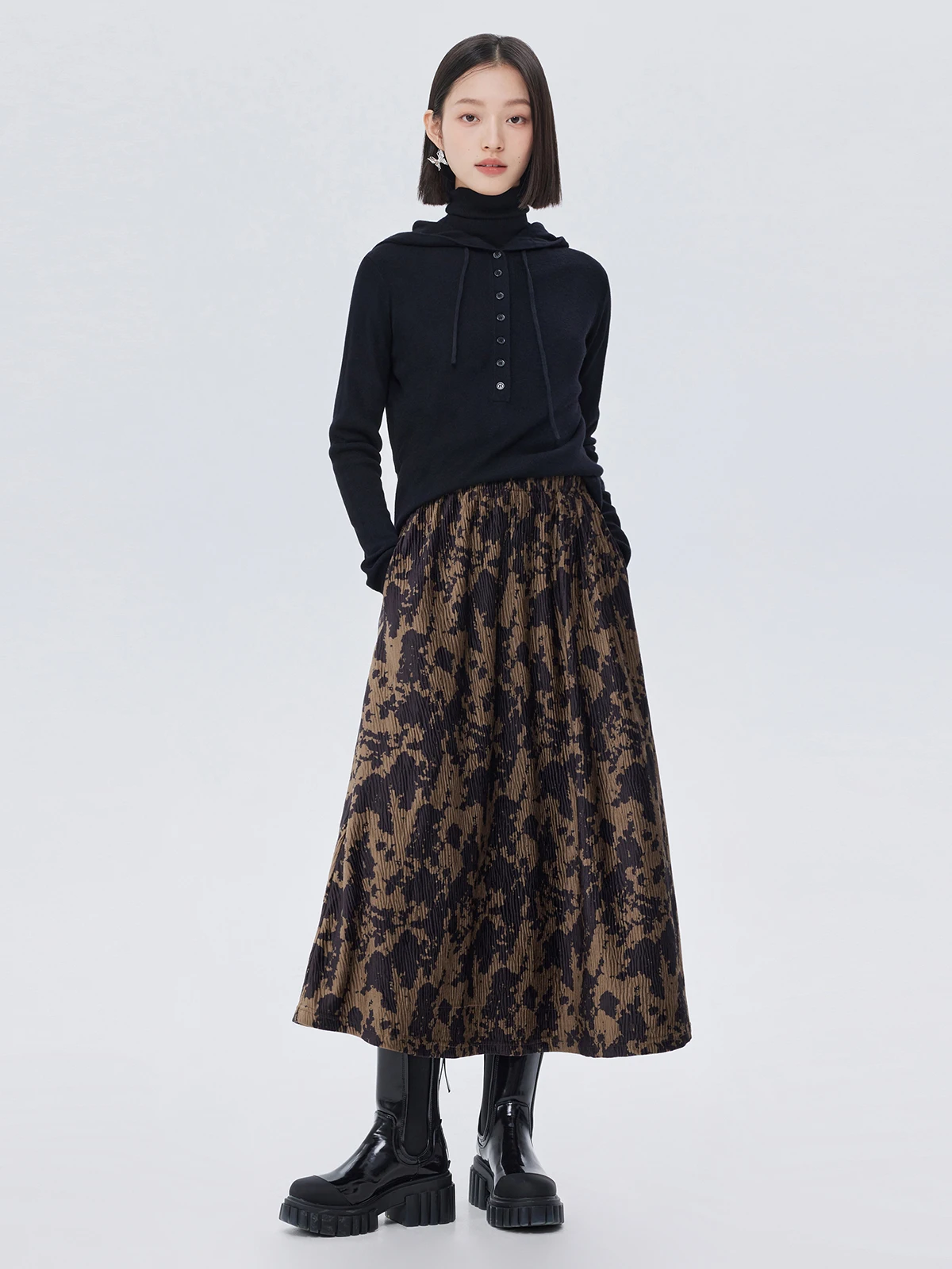 

Autumn and Winter New Women's Skirt, Digital Printed Coffee Color Elastic High Waisted Pleated A-line Skirt