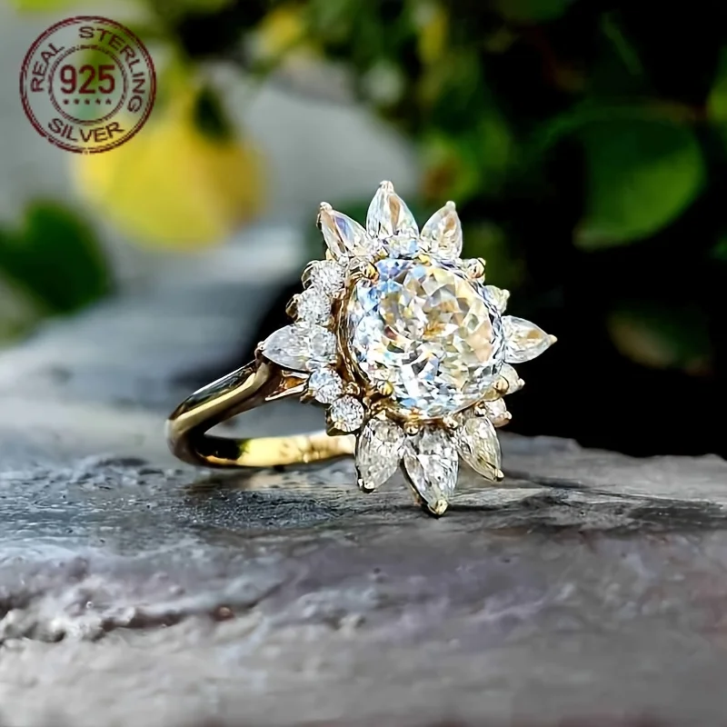 Vintage Fashion Portuguese Cut Ring With Snow Flake Halo 925 Sterling Silver Over Gold Plated Ladies Elegant Wedding Jewelry
