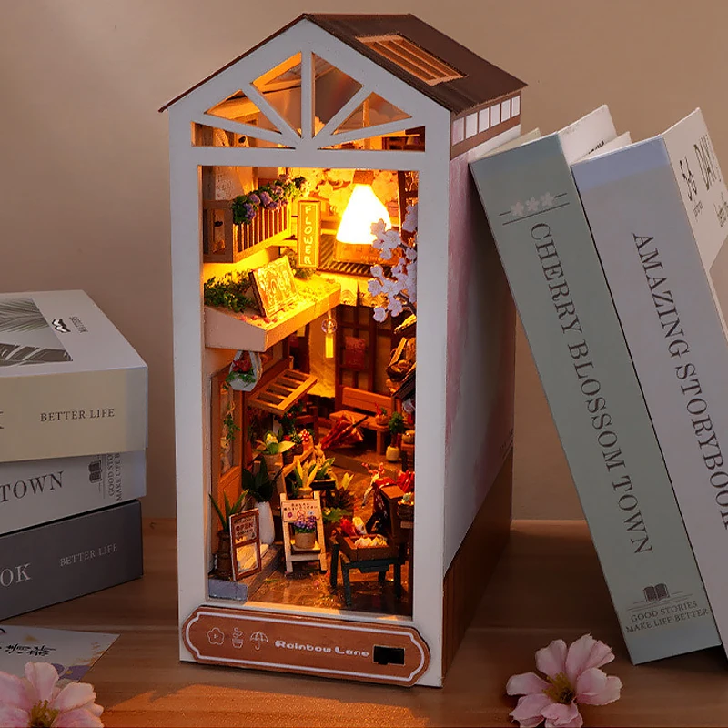 

DIY Book Nook Kit Деревянный мини-кукольный домик Комплект 3D-головоломка Сборка Модель здания Книжная полка Вставка Декор со светодиодной подсветкой Подарок для взрослых