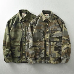 Autumn and winter men's American nostalgic washed cargo jacket heavy casual multi-pocket camouflage lapel mountain coat men