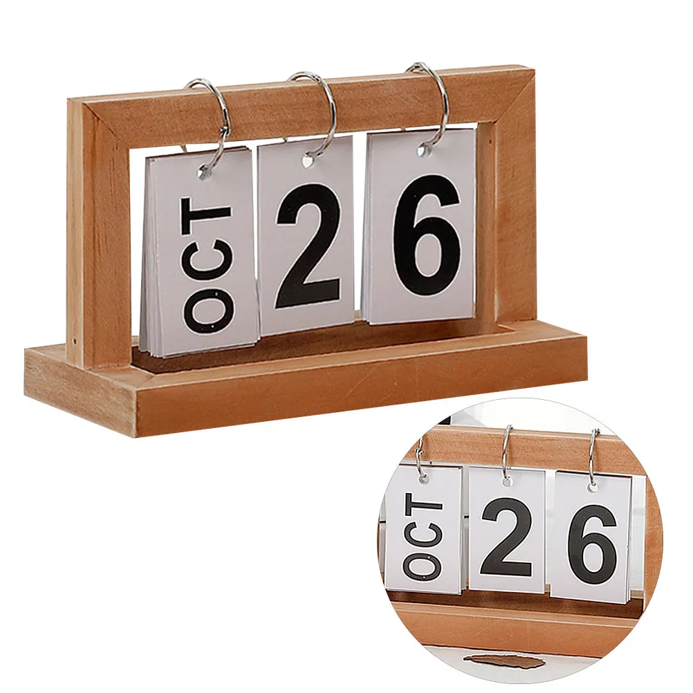 Khaki Wood Desktop Calendar with Manual Page Turning – Vintage-Style Date Display for Home & Office Desk Decor