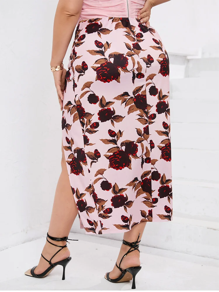 EYNMIN Plus Size Sweet Floral Print Long Skirts Women High Waist Split Ruched Slim Skirt Vacation Beach Sundress For Femme 2023