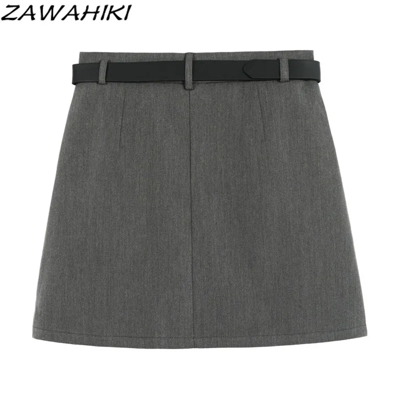 ZAWAHIPastel-Jupes trapèze taille haute pour femmes, jupes décontractées, tempérament élégant, polyvalent, preppy, gris, printemps, automne, nouveauté