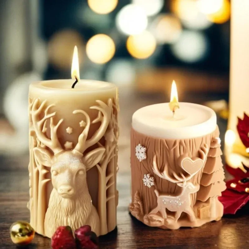 Christmas Tree Carving Pattern Cylindrical Candle 3D Silicone Mold Reindeer Snowflake Cylindrical Elk Candle Mold Christmas Gift