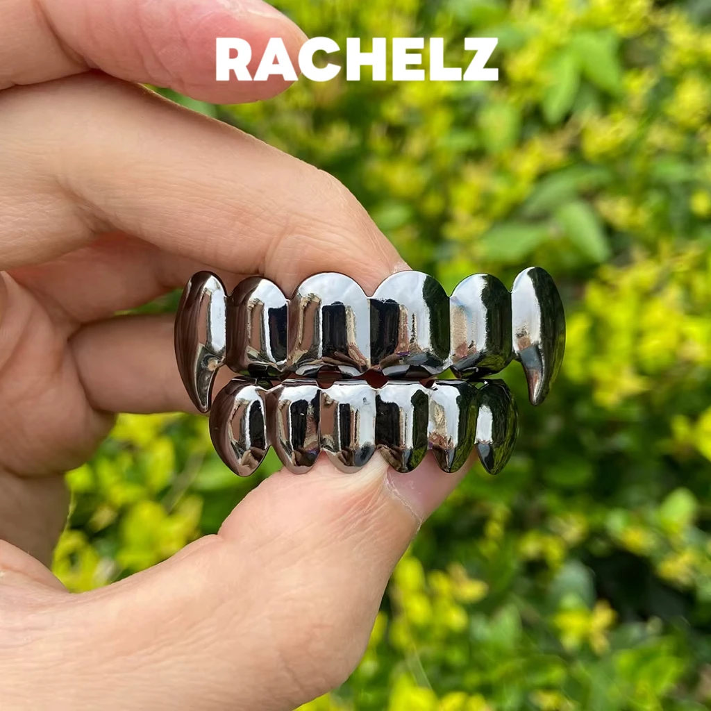 RACHELZ Hip Hop colmillos negros Diente Grillz 14K chapado en oro 6/6 tapas de dientes decoración parrillas dentales para hombres mujeres joyería de Halloween