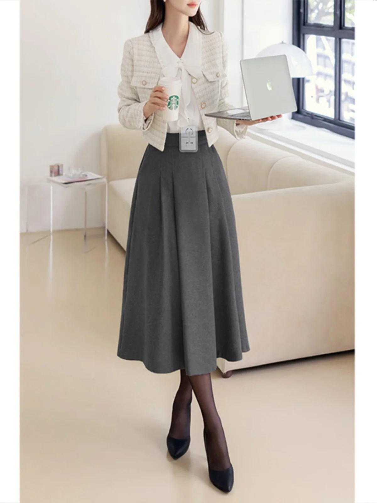 

ay Woolen f-length Skirt Women's Autumn Winter New Sle Pleated High-waist ature Profional Wide Umbrella Skirt