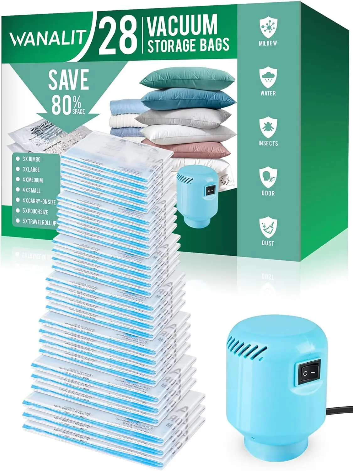

28 Pack Vacuum Storage Bags with Electric Pump, Space Saving Compression Bags for Clothes, Blankets, Travel