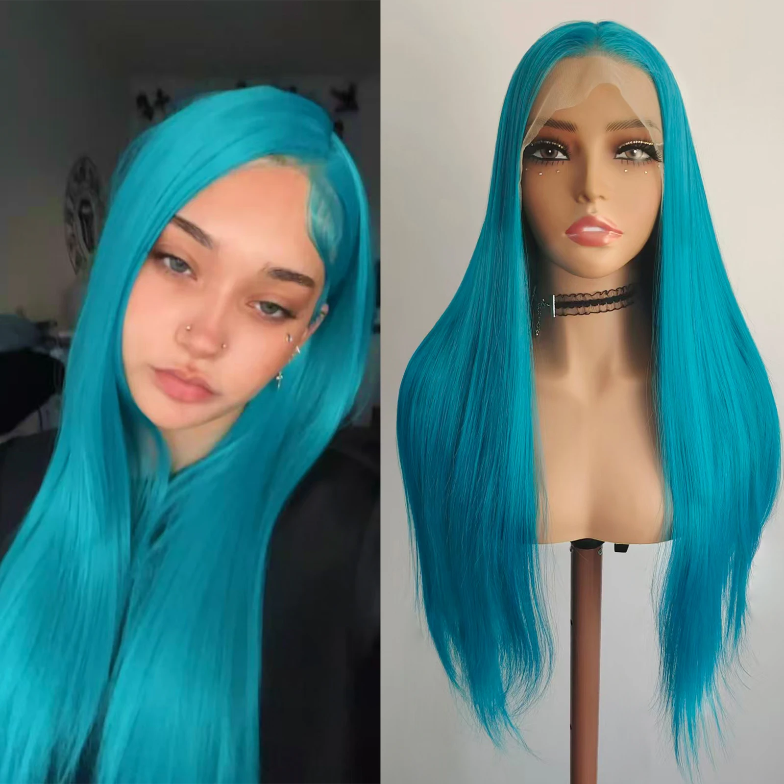 WIF Azure Blue Long Straight Hair Lace Wig Silk Straight Blue Color Heat Resistant Synthetic Lace Front Wigs Party Makeup Wear
