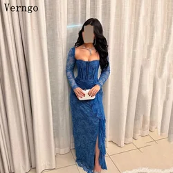 Verngo Navy Blue Lace Prom Gown Square Collar Full Sleeve Mermaid Evening Dress Elegant Arabic Formal Occasion Dress Customized