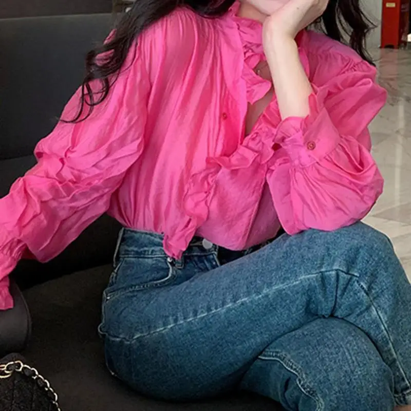 2022 Falbala Rose Red Shirt Spring Autumn Fold Wear Long Sleeve Loose Top Korean Casual Solid O-Neck Loose Tops