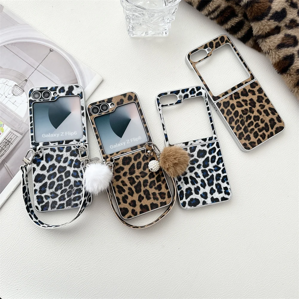 Fashion Leopard Print Plating Phone Case for Samsung Galaxy Z Flip6 Zflip5 Z Flip 3 4 5 6 Flip4 Plush Wrist Strap Lanyard Cover