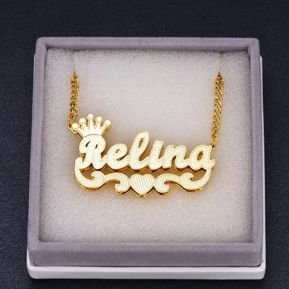 Imagem -05 - Colar de Nome Personalizado em Camadas Duplo Personalizado Placa de Identificação Pingente 18k Banhado a Ouro Dois Tons Colares Feminino Presente Corrente Figaro