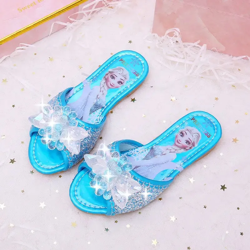 Disney Children\'s Sandals Frozen Slippers Fashion Elsa Princess Shoes Crystal Flowers Non-slip Blue Pink Silver Girls\' Sandals