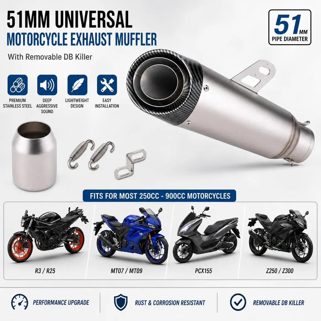 Silenziatore di Scarico Universale per Moto da 51mm con DB Killer Rimovibile per Honda Yamaha R3 R25 MT07 MT09 PCX155 Z250 Z300