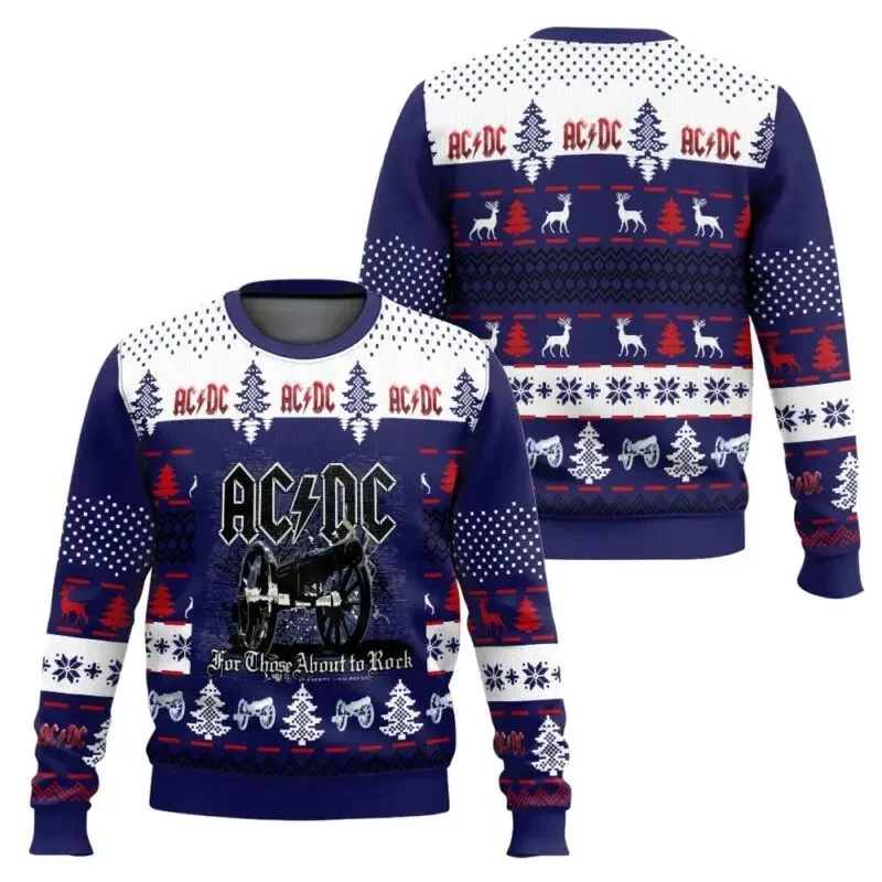 2026 ACDC Angus Young Mempersembahkan Sweater Natal Lightning Ugly untuk Pria dan Wanita, Hoodie Leher Bulat yang Modis