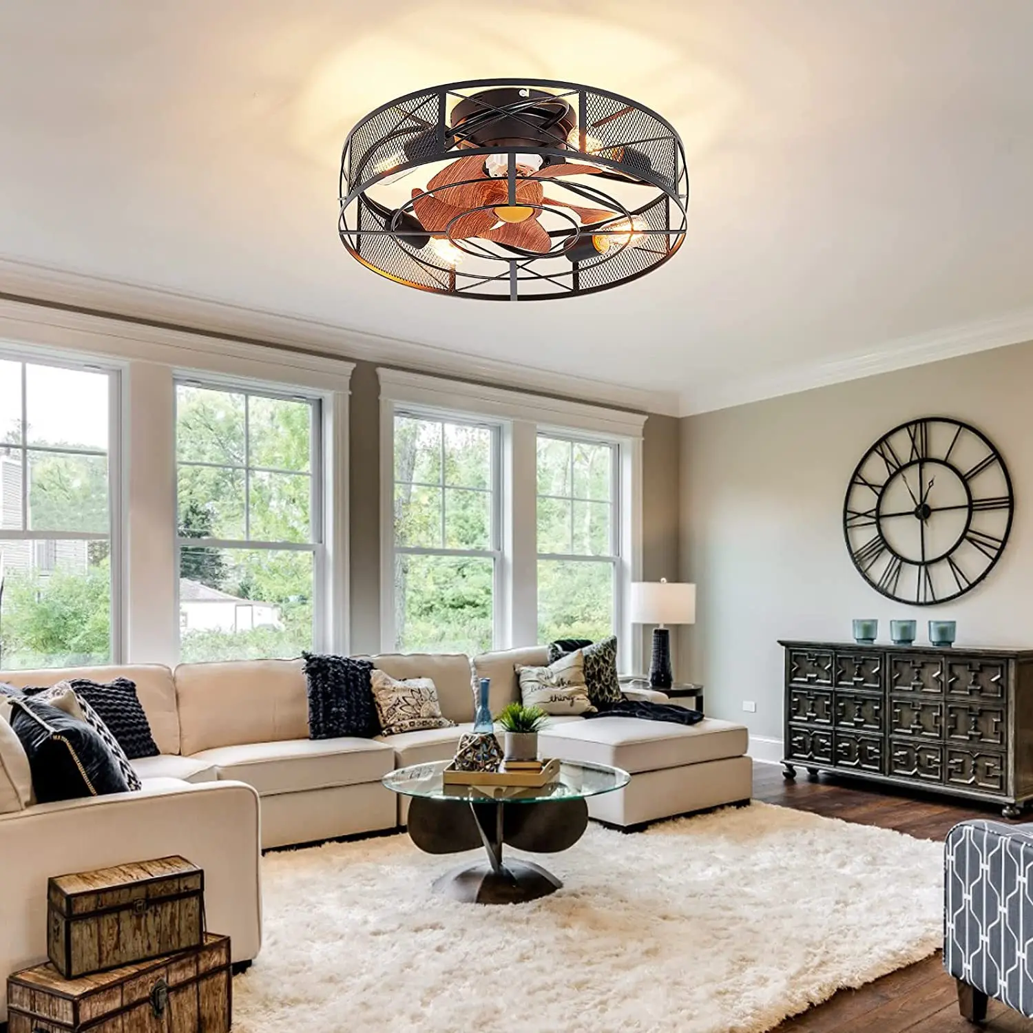Caged Ceiling Fan with Light Remote Control Quiet DC Motor - Farmhouse Ceiling Fans for Rustic Kitchen Bedroom