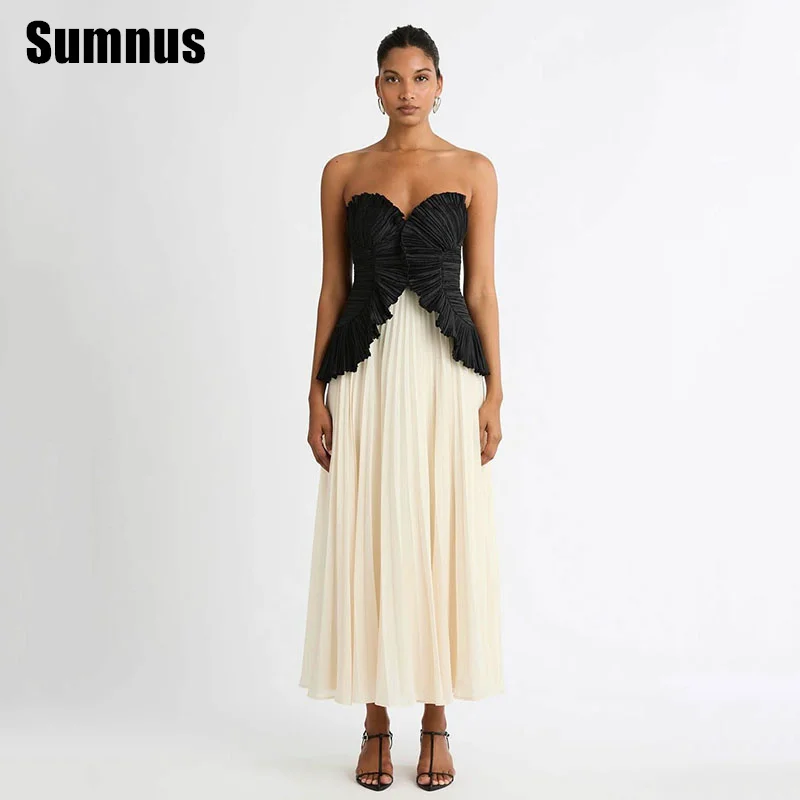 

Sumnus Simple A-Line Prom Dress Black/White Halter Sleeveless Ankle Length Evening Dress فساتين سهرة Customized
